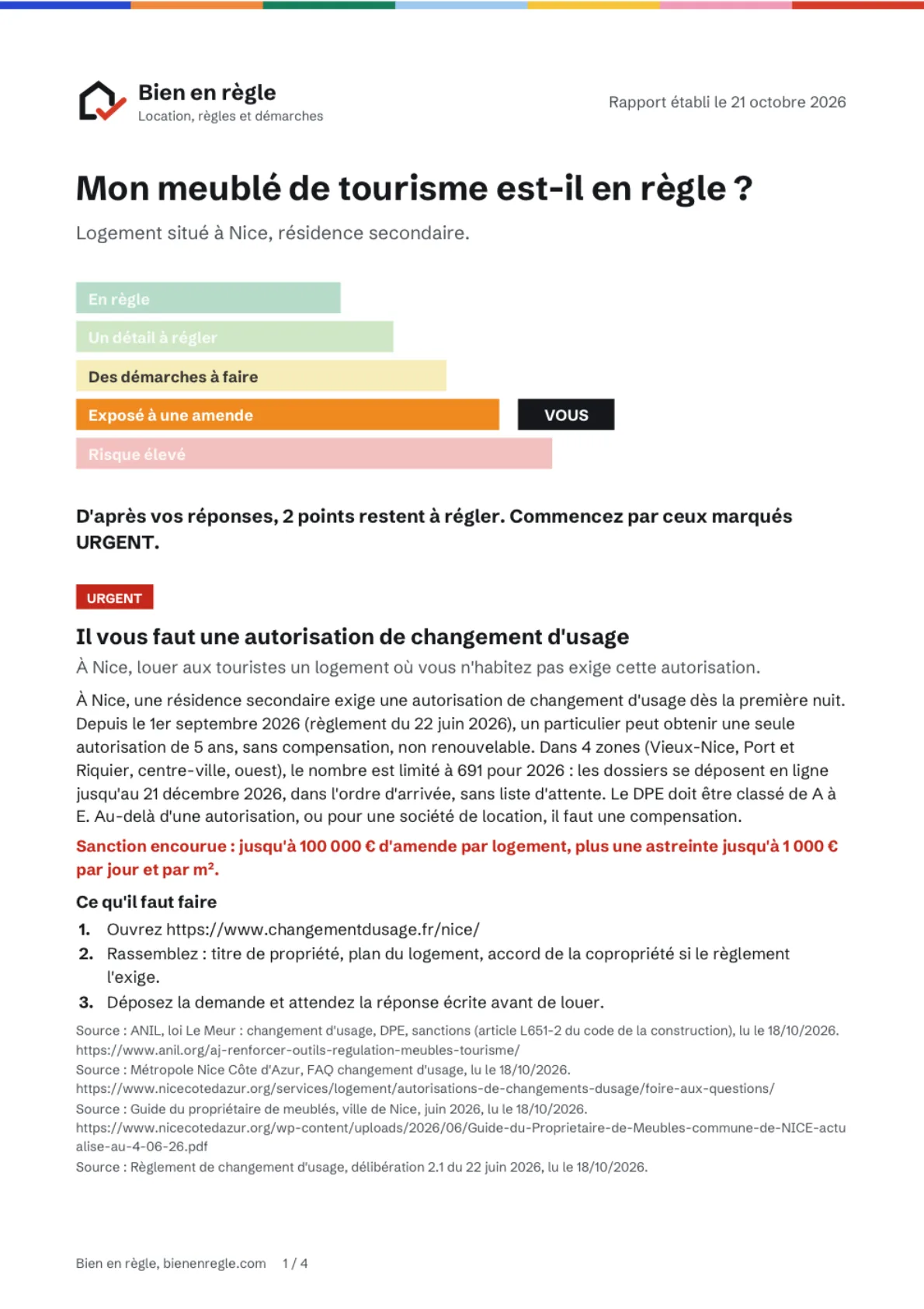Première page d'un vrai rapport Bien en règle : le niveau sur l'échelle et la liste des points à régler